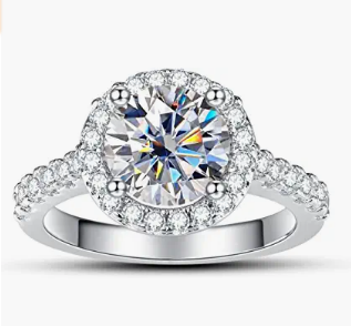 Anuclub engagement ring with moissanit halo 2 carats, sterling silver engagement ring with diamond d color lab