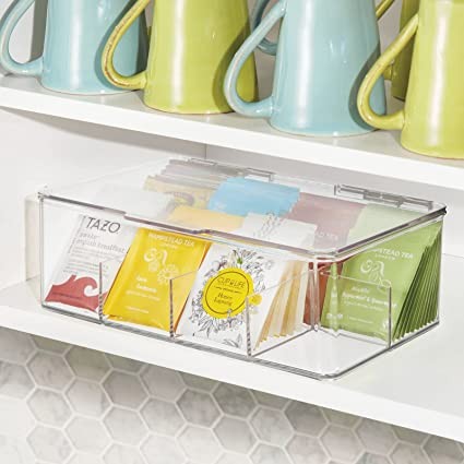 mDesign Plastic Tea Bag Divider Storage Organizer with Hinged Lids for Kitchen Cabinets, Countertops, Pantry, Coffee Pods, Seasoning Packets, Condiments, 8 Sections, Clear