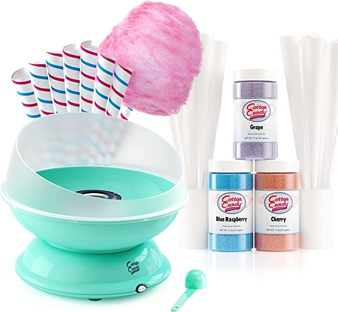 Cotton Candy Express Teal Cotton Candy Machine For Home Use with Fun Pack Featuring Cherry, Blue Raspberry & Grape Floss Sugars