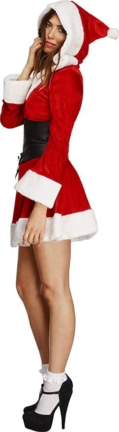 Fever Adult Women's Hooded Santa Costume, Dress, Attached Petticoat, Hat & Belt, Christmas, Size M