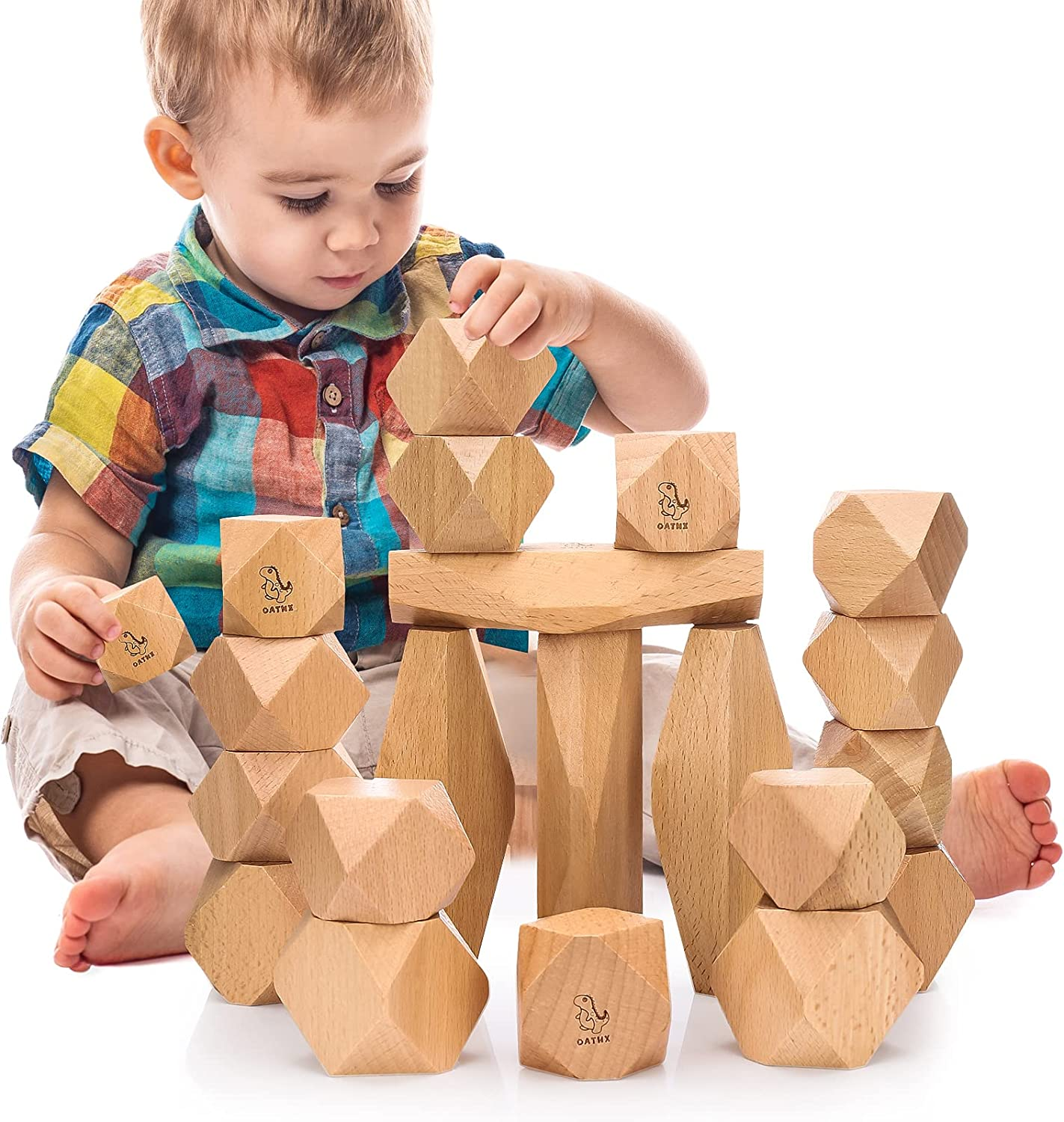 Oathx montessori - toys stacking stone wooden frame building blocks preschool stones balance for babies 1-3 girls boys sensual natural wood 20 large sizes
