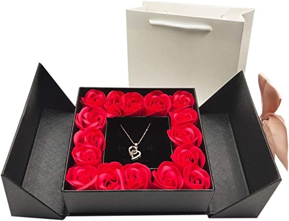 BRINGSMART Eternal Rose Gift Box Design Necklace 100 Languages Love You Birthday Gift for Her Women Wife Mom Girlfriend Anniversary Mother's Day Valentine's Day Christmas(Black,Heart Shape)