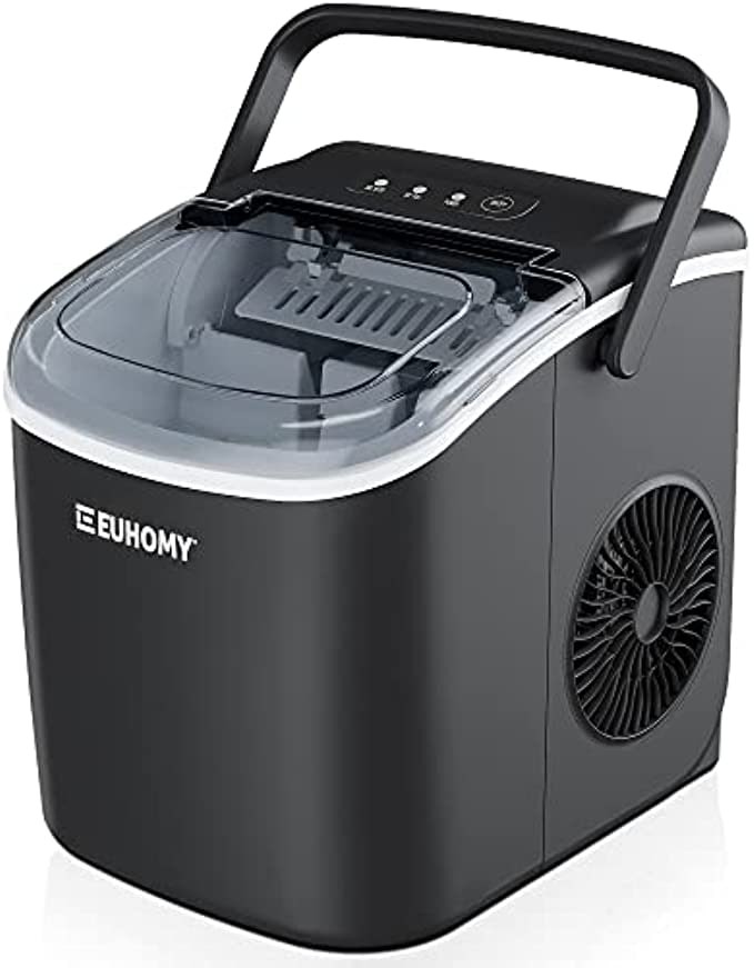Euhomy Ice Maker Machine Countertop with Handle, 26lbs/24H, 9 Bullet Ice Cubes Ready in 6 Mins, Auto-Cleaning, Portable Ice Maker with Basket and Scoop, for Home/Kitchen/Camping/RV. (Black)