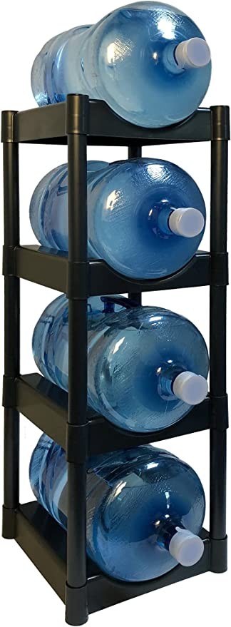 Bottle Buddy Water Rack - 3 Gallon & 5 Gallon Bottles - 4 Tray Water Bottle Storage System - Freestanding Organizer for Home, Office, Kitchen, Warehouse - Black
