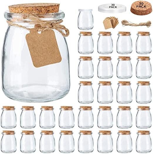 Mini Yogurt Jars Pack of 30, 7oz Glass Gift Jars with Cork Lids, Glass Pudding Jars with Lids Glass Containers, Mason Jar Wedding Favor Honey Jar with Labels and String