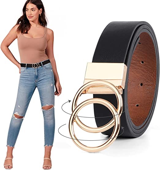 JASGOOD women's belt with flippable waistband, jeans dress with gold double O-ring swivel buckle