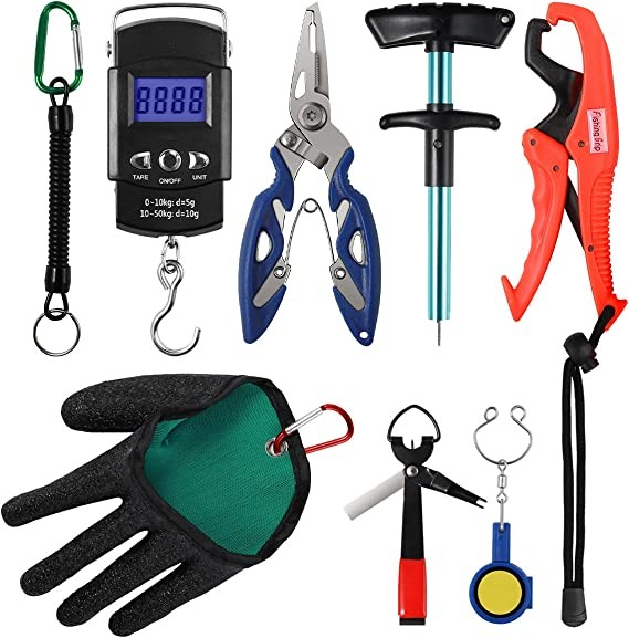 YUWU 8-Piece Fishing Tool Kit Set Includes Fish Gripper, Fishing Pliers, Digital Fish Scales, Left Hand Gloves, Quick Knot and Hook Removal Tools, Retractable Lanyard Gear Accessory Equipment