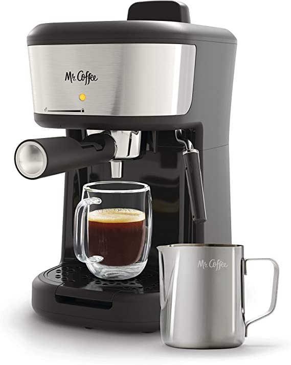 Mr. Coffee Espresso and Cappuccino Maker, Single Serve Coffee Maker with Milk Frother and Steam Wand, Stainless