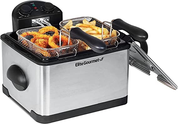 Elite Gourmet 1700W Stainless Steel 3 Basket Electric Fryer with Timer and Temperature Knob, 4.2L/17 Cups, Stainless Steel