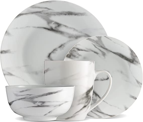 Marble Plate and Bowl Set, Contemporary Dinnerware Set, Kitchen Cutlery Set, Indoor and Outdoor Plates, 16 Piece Kitchen Plate and Bowl Set with Mug, Dishwasher Safe - Safdie & Co