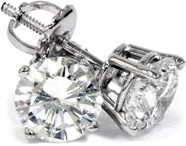 14k White Gold 2 Ct T.W. Natural Diamond Studs Round-Cut Screw Back 14k White Gold Women's Earrings