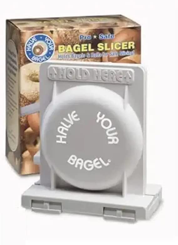 Halve Your Bagel Slicer Safely Cuts Large, Medium, Small Bagels for Home Kitchen, Coffee Shop, Easy to Use White Plastic Bagel Slicer